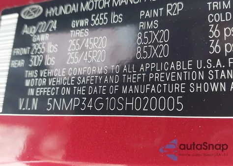 2025 Hyundai Santa Fe Hybrid Limited из США, поврежденный, VIN 5NMP34G10SH020005